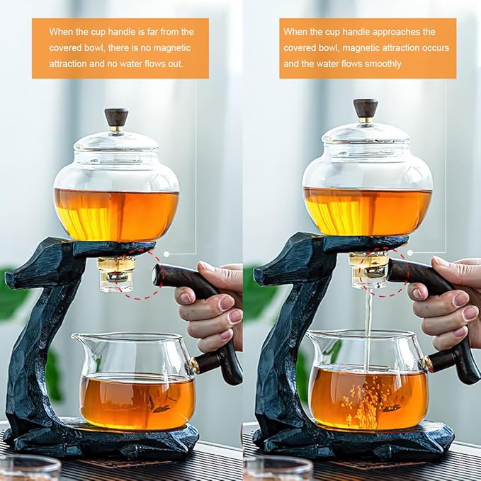Magnetic Tea Pot, Lazy Kungfu Drip Teapot with Infuser, Heat-resistant Glass Deer Teapots Set, Semi-automatic Deer Glass Teapot Kettle Gifts for Friends Family (Black)