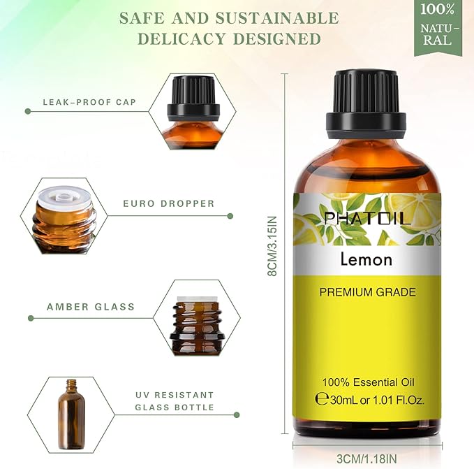 PHATOIL 1.01FL.OZ Lemon Essential Oil, Pure Aromatherapy Essential Oils for Diffuser, Humidifier, Scented Oils for Soap, Candle, Bath Bombs Making(30ML) PHATOIL