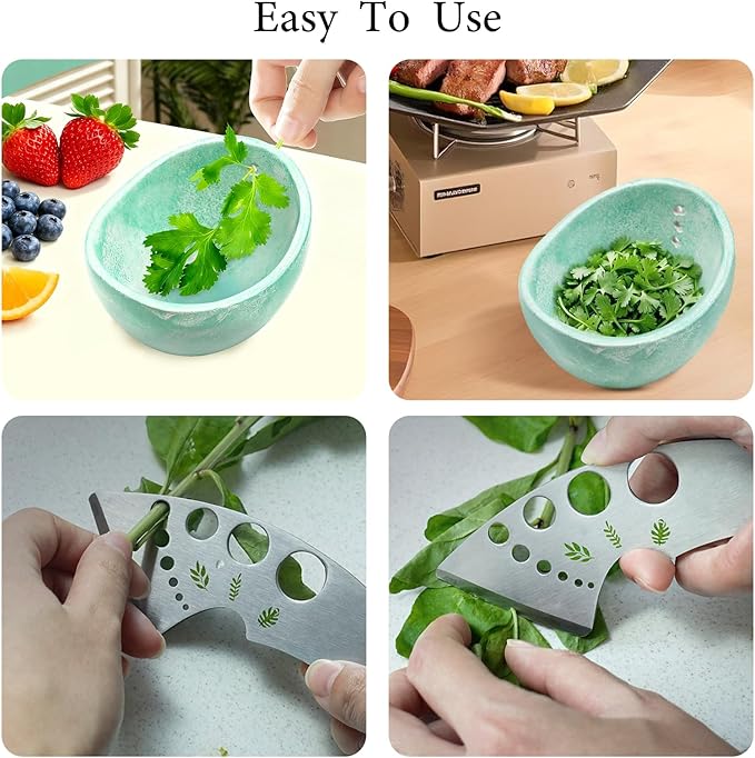 Frstem 2pcs Pottery Herb Stripper (Green Bowl+Herb Stripper),Handmade Ceramic Herb Stripper with Different Sizes of Round Holes,Kitchenware for Efficient Leaf Stripping - Bloomnest