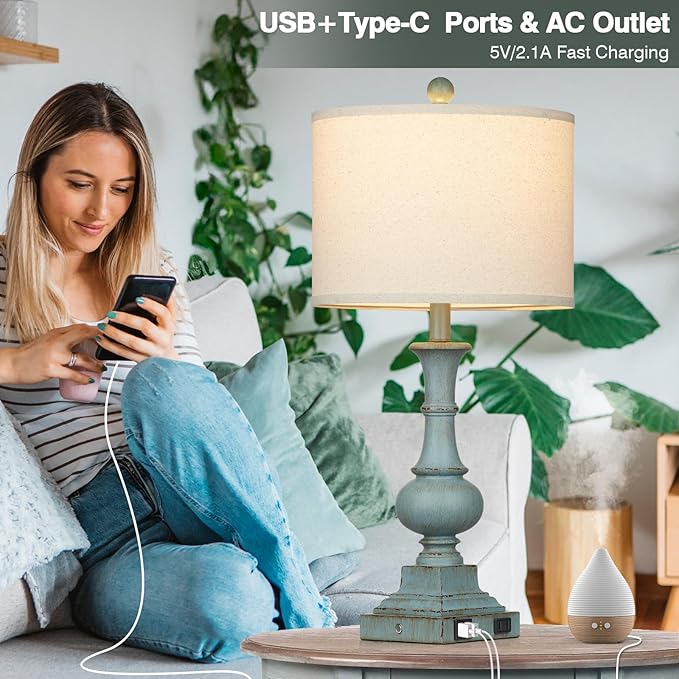 Farmhouse Table Lamps Set of 2, 26" Vintage Rustic Touch Control 3-Way Dimmable Bedside Lamp with USB A+C Ports & AC Outlet, Blue Nightstand Lamp for Living Room Bedroom End Table(LED Bulbs Included) - Bloomnest