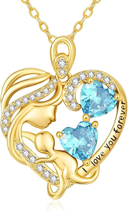 14K Gold Double Birthstone Heart Necklace for Women Mom, Mother Son/Daughter Pendant Necklace for Christmas Mother's Day Birthday Gifts for Wife Daughter Grandmom - Bloomnest