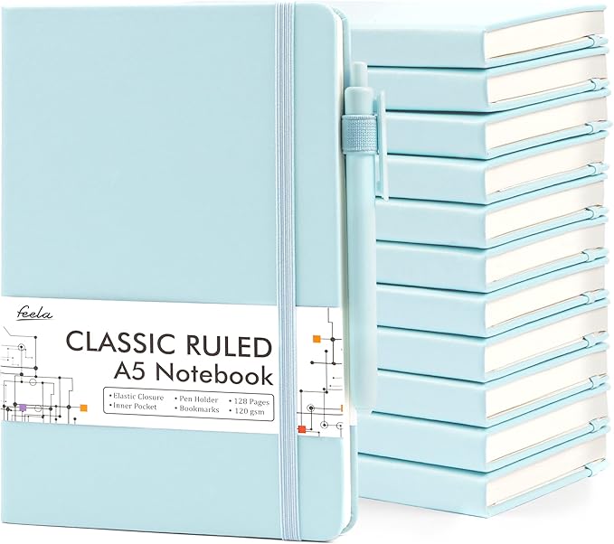 feela 12 Pack Notebooks Journals Bulk, Hardcover Notebook Classic Ruled Lined Journals with Pen Holder for Women Girls School Business Supplies, with 12 Black Pens, 120 GSM, 5.1”x8.3”, A5, Sky Blue - Bloomnest