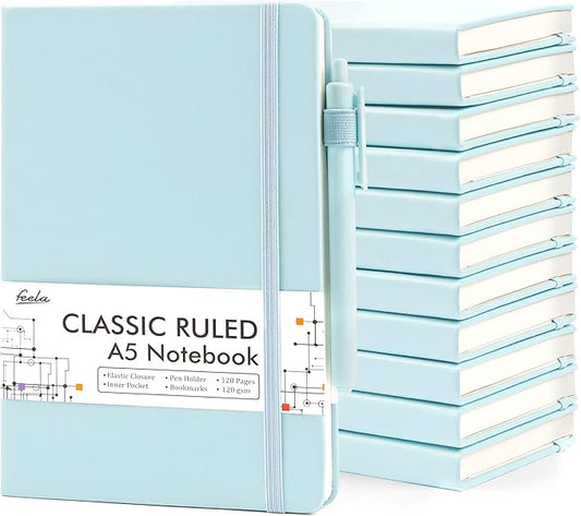 feela 12 Pack Notebooks Journals Bulk, Hardcover Notebook Classic Ruled Lined Journals with Pen Holder for Women Girls School Business Supplies, with 12 Black Pens, 120 GSM, 5.1”x8.3”, A5, Sky Blue - Bloomnest