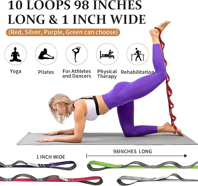 Stretching Strap Yoga Strap, 10 Loops Non-Elastic Stretch Bands Helps Women and Men Improve Flexibility for Home Workout, Physical Therapy, Pilates, Exercise, Dance, Comes with Door Anchor - Bloomnest