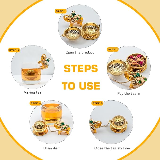 Stainless Steel Metal Tea Ball, 1.37-inch Tea Strainer, Crystal Diamond Elephant Tea Infuser for Loose Leaf Tea Festival Gifting and Personal Use, Gift Box Packaging（Gold）