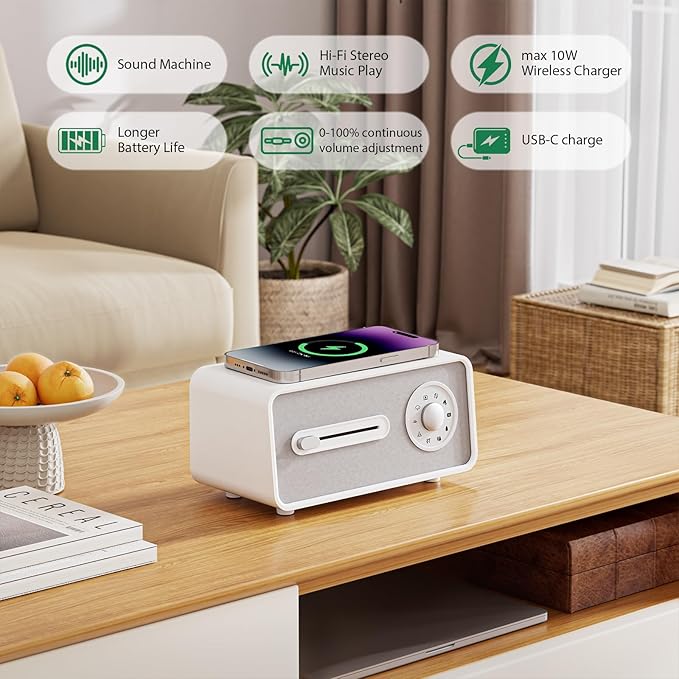 White Noise Sound Machine for Sleeping,9 Natural and Soothing Sounds,Wireless Charger,Music Play for Bedroom and Outdoor,White Noise Sound Machine for Baby,Kids,Adults