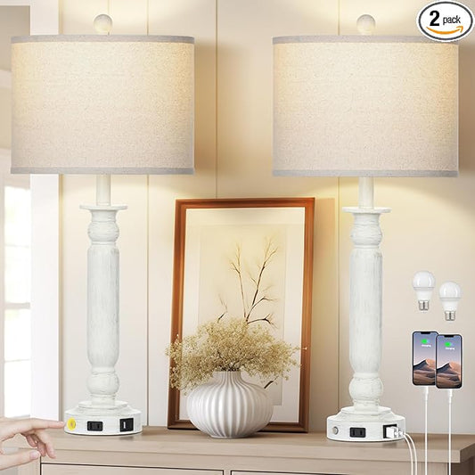 28.5" Tall Farmhouse Table Lamps Set of 2 for Living Room, 3-Way Dimmable Touch Lamps with USB C+A Ports & AC Outlet, Bedside Nightstand Lamps with Linen Shade for Bedroom - Bloomnest