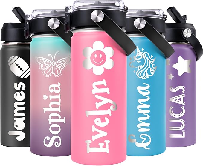 Personalized Water Bottles for Kids, Custom 18 oz Water Bottle for School with Engraved Name, Stainless Steel Tumbler for Kids with Straw, Birthday Christmas Gifts for Girls Boys - Bloomnest