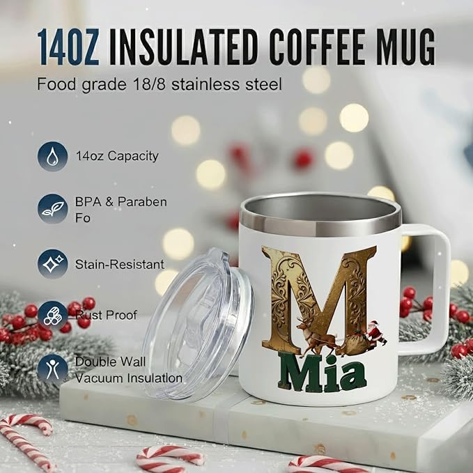 Personalized Christmas Insulated Coffee Mug with Handle, Custom Initial Name, Reindeer Santa Design, Stainless Steel Tumbler for Hot & Cold Drinks, Unique Holiday Gift for Men, Women, Kids (B126) - Bloomnest
