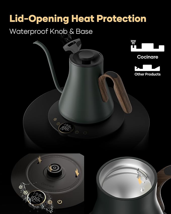 Cocinare FLOW B9 Gooseneck Electric Kettle, Precise Temperature Control for Pour-Over Coffee & Tea Brewing, Stainless Steel Interior, Rapid Heating for Boiling Water 1500W/0.9L (Delacroix Green) - Bloomnest
