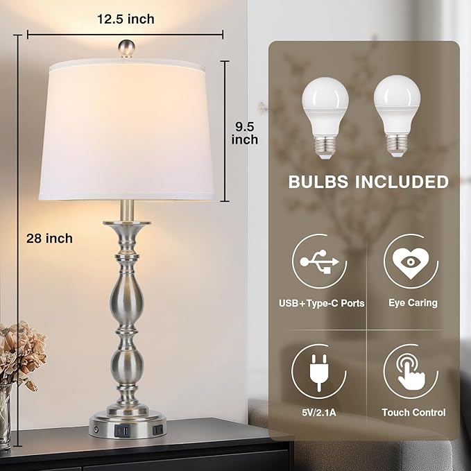 28" Tall Modern Table Lamps Set of 2 with USB A+C Ports and AC Outlet, 3 Way Touch Metal Bedside Lamps for Bedroom, Silver Farmhouse Nightstand Lamps for Living Room - Bloomnest