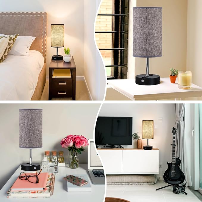 Table Lamps with Motion Sensor and Constant on Two Modes, USB Lamp with Warm White Bulb, Fabric Shade, Built-in USB Port & AC Outlet - Bedside Table Lamp for Bedroom or Living Room - Bloomnest