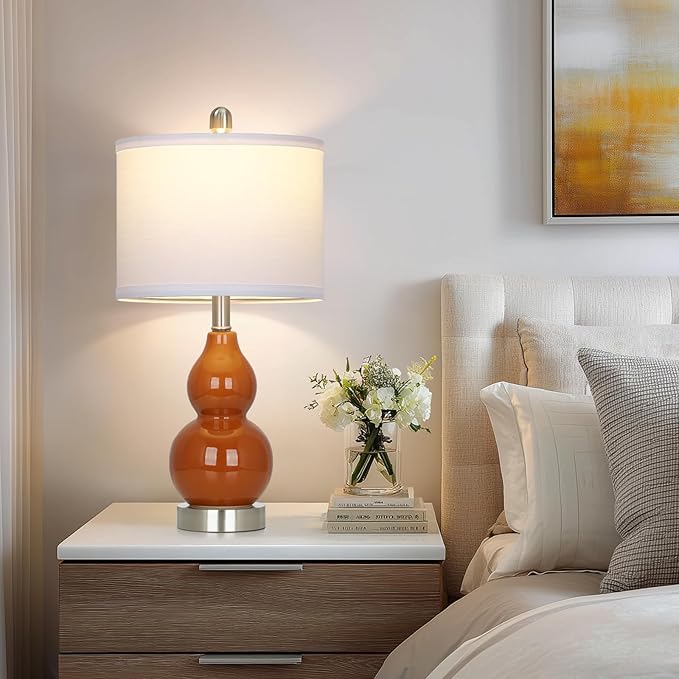 Double Gourd Ceramic Table Lamps Set of 2, Modern Red Bedside Lamps for Night Stand, Contemporary Nightstand Lamps for Bedroom Living Room (Bulb Included) - Bloomnest