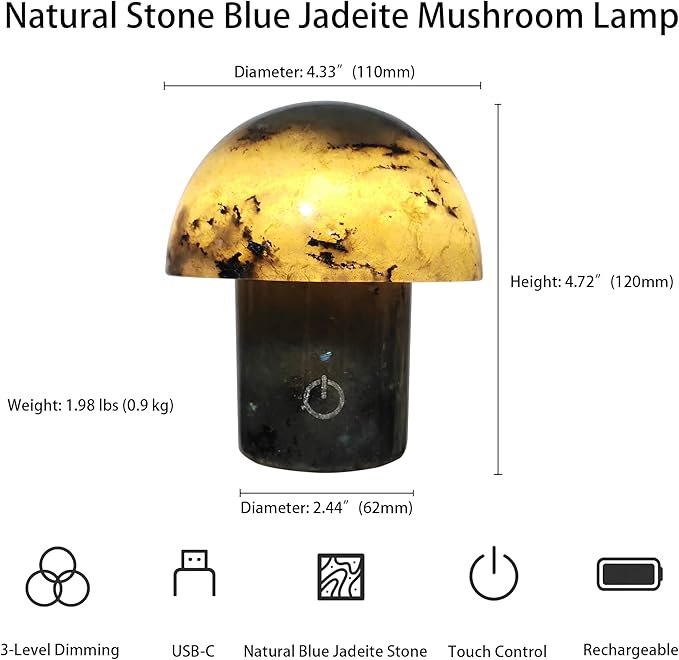 Handcrafted Onyx Mushroom Lamp - 4.3" x 4.7" Natural Marble Stone Night Light with 3-Level Brightness, Rechargeable Touch LED Accent Light for Bedroom, Office, Gift - Bloomnest