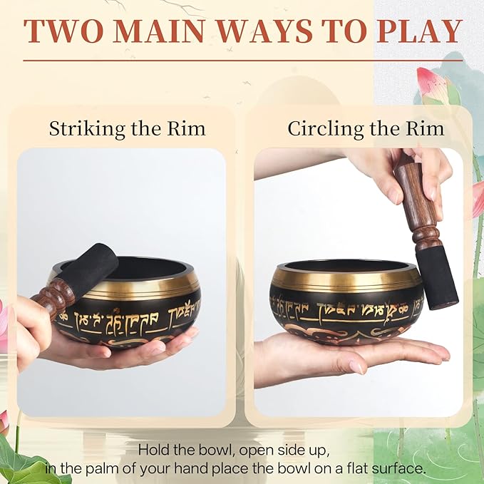 AKLOT HandMade Meditation Singing Bowl: Tibetan Sound Bowl Set with Pure Tone, Sound Bath Bowl with Cushion, Mallet, Carry Bag, Spiritual Gift for Chakra Clearing, Yoga, Prayer, Relaxation (5 Inch)