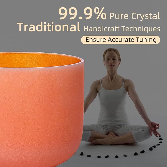 Orange D Note Sacral Chakra 8 inch Quartz Crystal Singing Bowl, for Healing Mindfulness Meditation Yoga Sound Baths, with Case Rubber Mallet