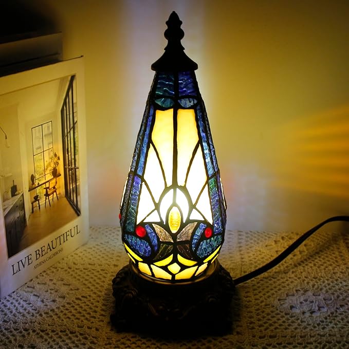 Small Tiffany Lamp Stained Glass Table Lamp 5.5X11 Inch Christmas Tree Lighthouse Mini Accent Memory Sympathy Antique Night Light for Bedroom Living Room (Stained Glass)