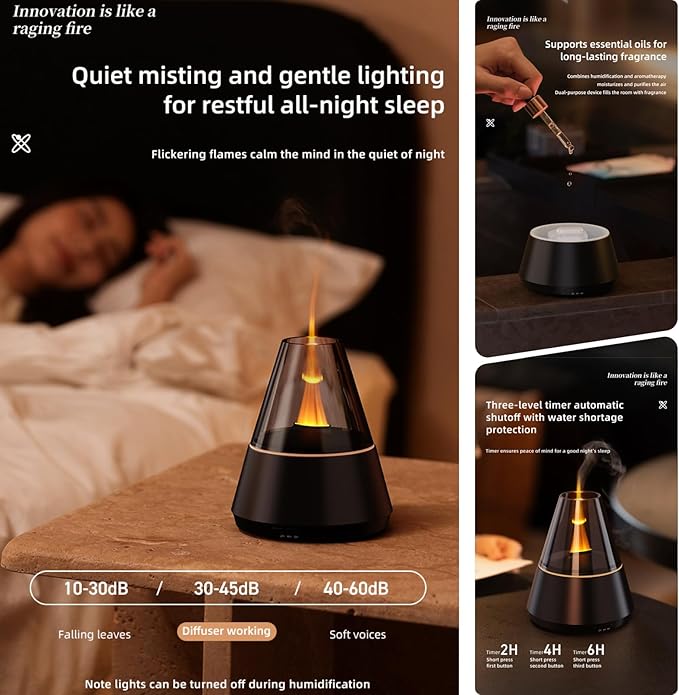 Ultrasonic Aroma Diffuser with Simulated Flame, 150ml, Timer and Auto-Off, LED Ambient Light (Black) - Bloomnest