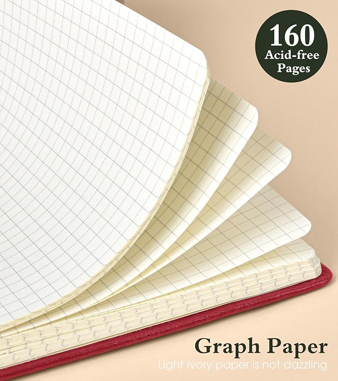 PAIBAS Graph Notebook for Women Men, 160 Pages Grid Paper, Graphing Notebooks for School, Work, Quad Ruled, Inner Pocket, A5 Hardcover Vintage Leather Journals for Writing, 5.8"x8.5" (Burgundy) - Bloomnest
