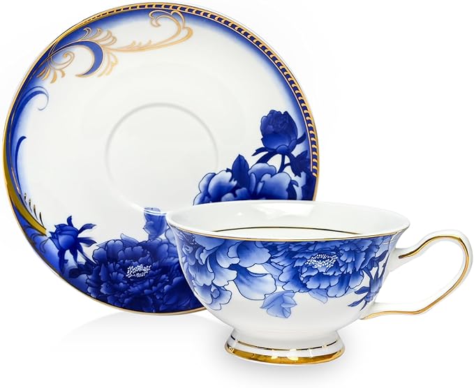 ACMLIFE Bone China Tea Sets, Blue and Gold Tea Set for Adults Porcelain Tea Cup Set, Cup and Saucer Set Vintage Floral for Women Party or Christmas Gifts Giving (china blue) - Bloomnest