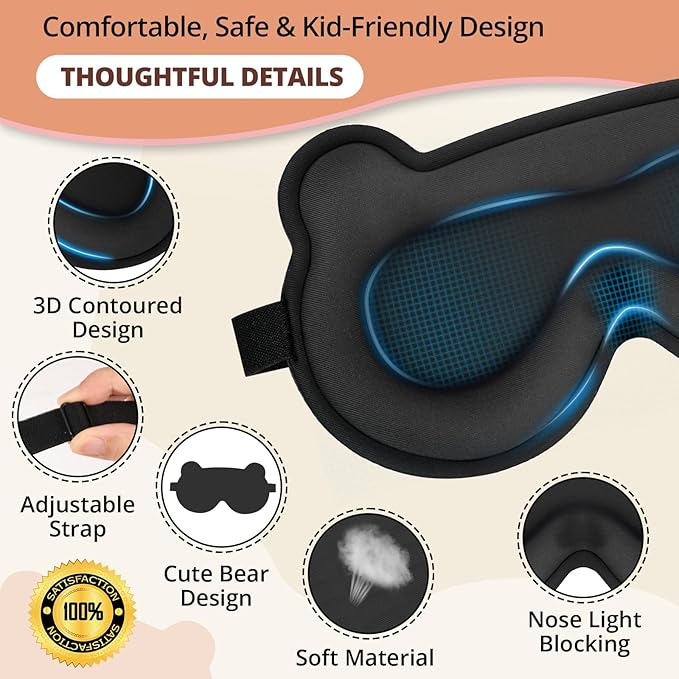 Kids Sleep Mask, 3D Sleeping Eye Mask for Kids with Adjustable Elastic Strap, Bear Shape Eye Cover with Memory Foam, Soft & Light-Blocking, Gift for Boys Girls Teens Age 5–15 (Black) - Bloomnest