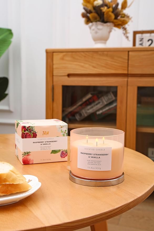 Raspberry Strawberry Vanilla 3 Wick Candle - Large 15.8 oz Soy Scented Candle, Strong Throw & Long Lasting - Fruity Berry Vanilla Candle - Aromatherapy Gift Candle for Home - Bloomnest