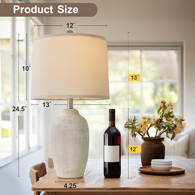24 inch Vintage Ceramic Table Lamp - Single Farmhouse Rustic Bedside Lamp with Natural Textured Finish, Nightstand Lamps for Living Room, Bedroom, End Table - Bloomnest