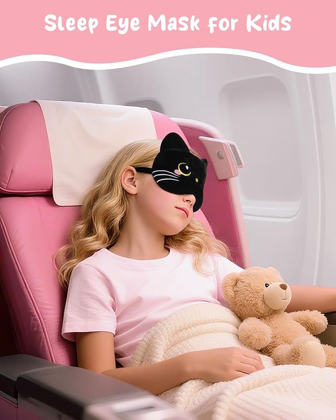Sleep Mask for Kids - Cute Cartoon Plush Fuffy Sleeping Eye Cover Black Cat Kawaii Soft Eyeshade with Adjustable Strap Animal Eye Blindfold for Kids Girls Boys Teens - Bloomnest