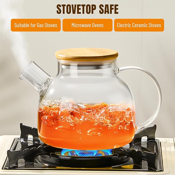 PARACITY Glass Teapot Stovetop 34oz/1000ml, Borosilicate Clear Tea Kettle with Removable 18/8 Stainless Steel Infuser,Glass Tea Kettle with Wooden Lid, Teapot for Loose Leaf Tea Fruit Tea Fragrant Tea - Bloomnest