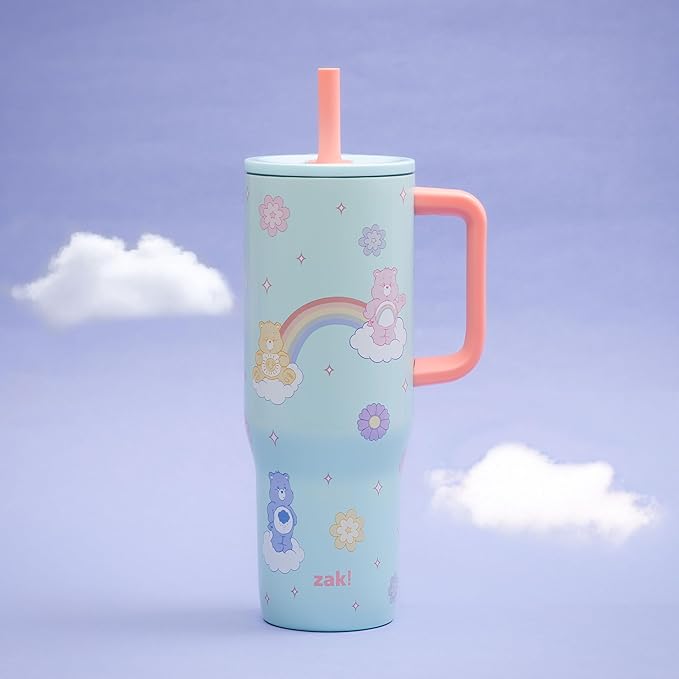 Zak Designs Care Bears Sutton Travel Tumbler for On the Go, 30oz Stainless Steel with Vacuum Insulation, Silicone Straw, and Carry Handle for Cold Drinks (Care Bears) - Bloomnest
