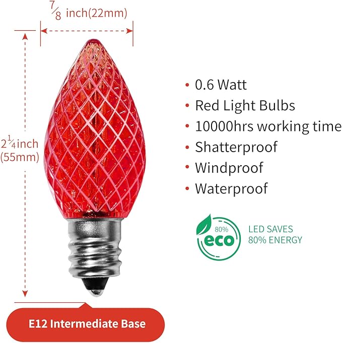 Meconard C7 Led Replacement Christmas Light Bulbs, C7 Shatterproof Led Bulbs for Christmas Indoor Outdoor String Lights, E12 Candelabra Base, Commercial Grade Holiday Bulbs, Red, 25 Pack - Bloomnest