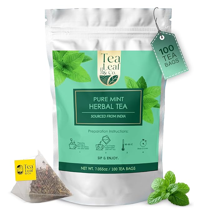 Tealeaf & Co. Pure Mint Herbal Tea Bags Blended with Fresh Herbs - Spearmint & Peppermint Tea - Contains Low Caffeine - Gluten Free - 100 Teabags (7.055oz/200gm) - Bloomnest