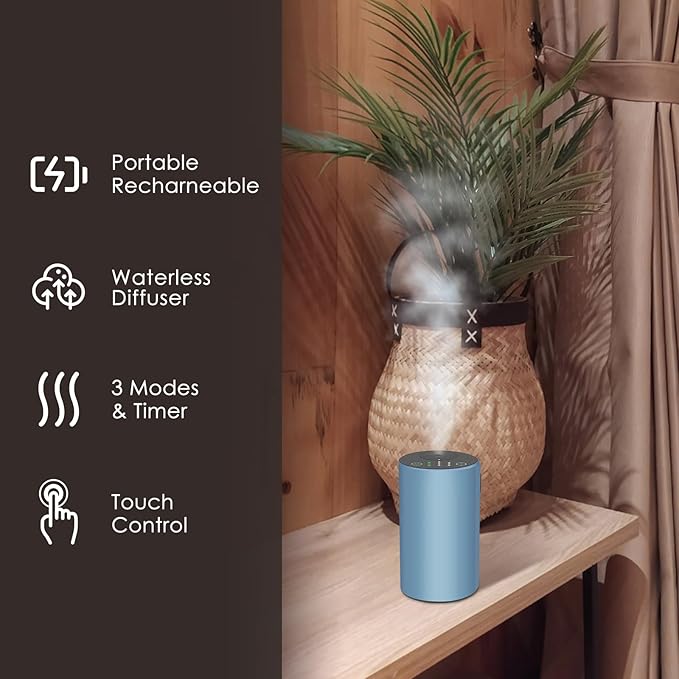 Waterless Essential Oil Diffuser, 7 Colors LED Light, Battery Powered Mini Scent Air Machine, Aromatherapy Mist Diffuser for Home Room Car Office (Blue) - Bloomnest