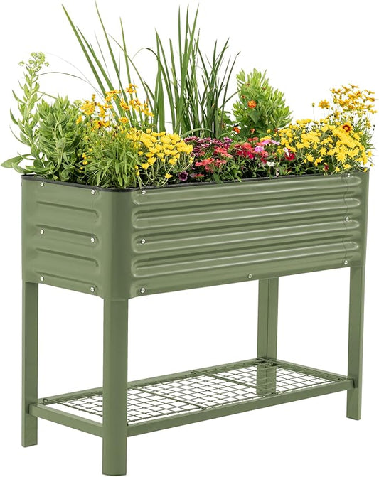 Elevated Raised Garden Bed- Slim Series, 1.5' x 3.5' Outdoor Planters Boxes with Legs & Storage Rack for Patio, 500 Lbs Weight Capacity, Raised Beds for Gardening Herbs Vegetables Flowers, Olive Green - Bloomnest