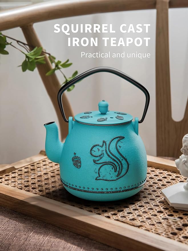 Toptier Teapot with Removable Infuser, Cast Iron Tea Kettle Stovetop Safe, Squirrel Design Tea Pot Coated with Enameled Interior for 32 Ounce (950 ml), Blue - Bloomnest