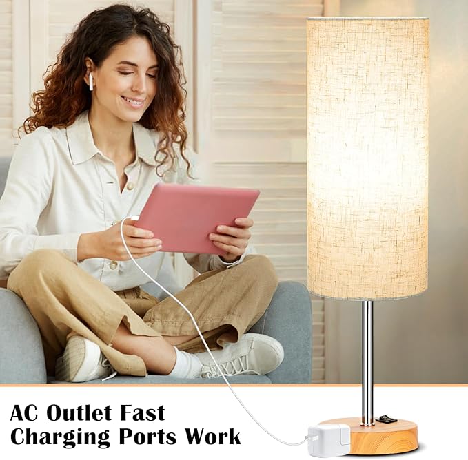 ZJOJO Table Lamp for Bedroom 2 Pack,18in Bedside Lamps with 3 Way Dimmable Rocker Switch & AC Outlet,Nightstand Desk Lamp with Flaxen Fabric Shade Woodgrain Base for Living Room Home Decor Lights - Bloomnest