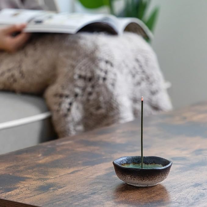 Asayu Japan Small Mini Incense Holder for Sticks, Nature Aquamarine Color, 3.3 inch (83mm), Made in Japan Ceramic Ash Catcher & Brass Incense Burner Set for Relaxation, Meditation, Office & Home Decor - Bloomnest