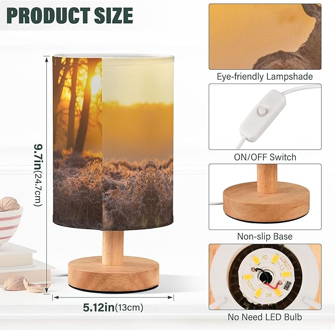 Table Lamp Red Deer Antler in Sunset Woodland Forest Nightstand Lamp with Wood Base Fabric Lamp Shade Bedside Desk Lamp for Living Room Bedroom Kids Room Office - Bloomnest