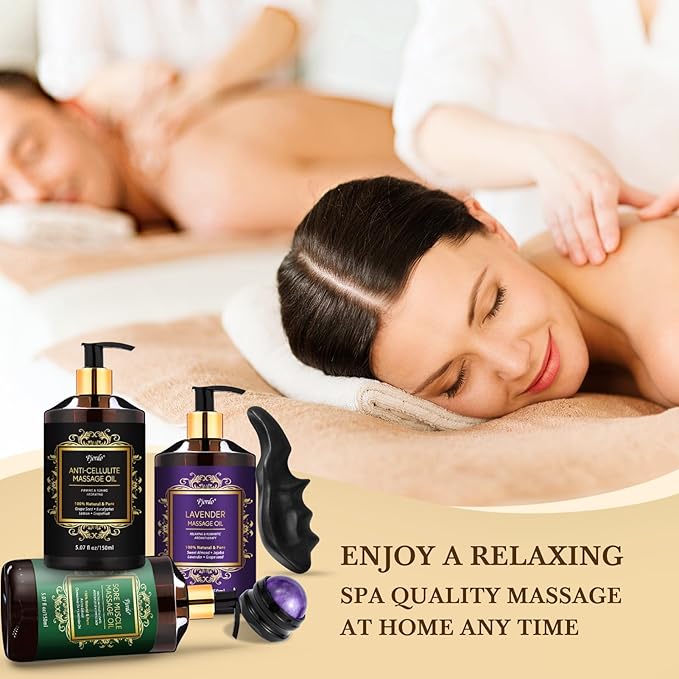 3 Pack Massage Oil for Massage Therapy, Lavender Oil for Relaxation, Sore Muscle Arnica Oil & Cellulite Massage Oil, with Massage Roller Ball & Thumb Saver Massage Tool, Massage Kit for Him Her - Bloomnest