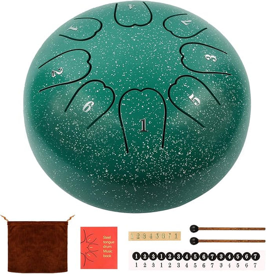 Rain Drum for Outside 6 inch 8 Notes, Steel Tongue Drume with Mallets for Musical Education Entertainment Gifts (Green, 6 Inch)