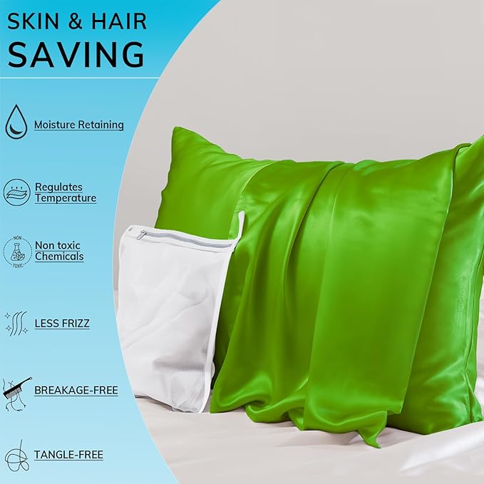 PROMEED 23 Momme Silk Pillowcase 2 Pack with Zipper, 3rd Gen Grade 6A+ 100% Mulberry Silk Pillow Case Set of 2,Silk Cooling Pillow Cases for Hot Sleepers (King 20"x36", Green) - Bloomnest
