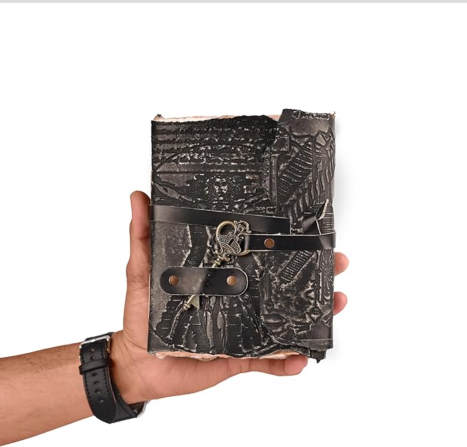 LEATHER VILLAGE Genuine Leather Handmade Journal for Men & Women – Vitruvian Man Embossed Cover – Key Closure – Book of Shadow – Vintage Deckle Edge Paper for Writing, Drawing – 7x5 Inches – Black - Bloomnest