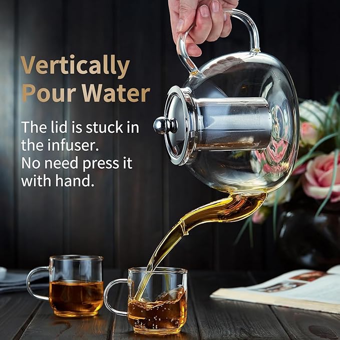 60OZ (1800ML) Glass Teapot with Infuser Stovetop Safe, Clear Glass Tea Pot Kettle, Borosilicate Tea Pot with Infusers Filter for Loose Tea, Tea Kettle Dishwasher Safe - Bloomnest