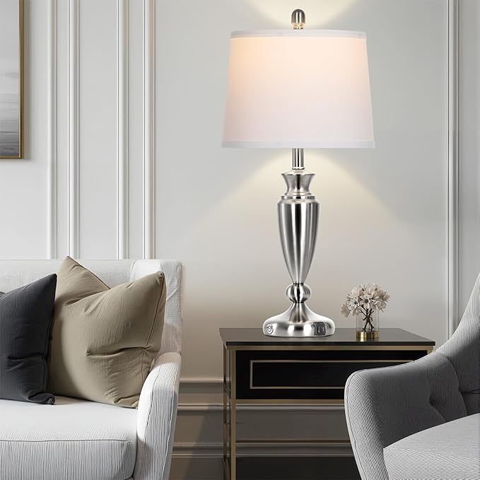 27" Silver Table Lamps for Living Room Single, 3 Way Touch Control Bedside Lamps with USB A+C Ports, Modern Brushed Nickel Bedroom Lamp, Metal Tall Lamp for Nightstand Desk Side Table Office - Bloomnest