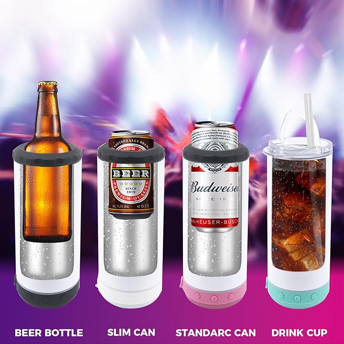 4 Pack 16oz Sublimation Bluetooth Speaker Blank Tumblers Bulk Stainless Steels Insulated 4 in 1 Can Cooler Beer Holder With Lid and Straw Mix Colors Metal Slim Coozies for Drinks - Bloomnest