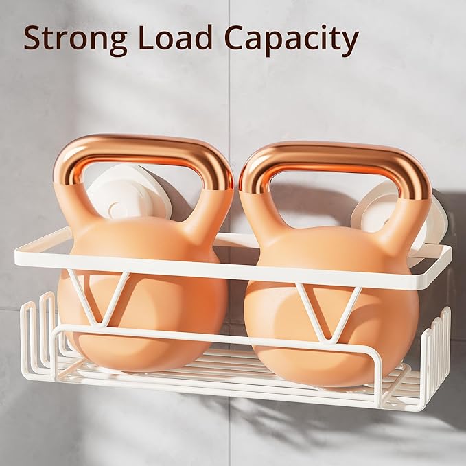 KEGII Suction Cup Shower Caddy, 2 Pack Shower Suction Shelf with Soap Holder & Hooks, No Drilling Bathroom Organizer, Stainless Steel Shampoo Holder for Bathroom Storage Basket, Cream White - Bloomnest