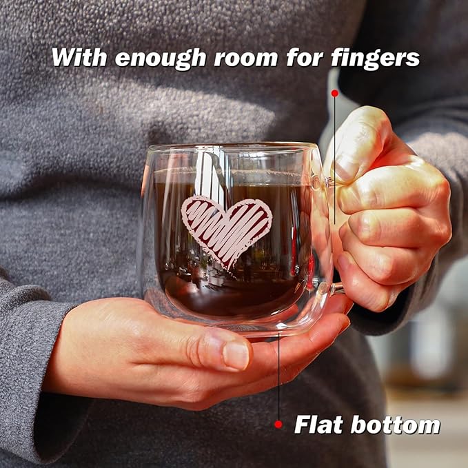 CNGLASS Double Walled Glass Coffee Mugs 10oz,Large Insulated Espresso Cups,Set of 2 Clear Glasses Cappuccino Mug with Handle(Tea Latte Glassware) - Bloomnest