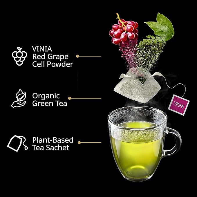 VINIA Signature Green Tea Bags, Made with Organic Green Tea, Infused with Piceid Resveratrol for Heart Health, Nitric Oxide, Physical Energy, Alertness, Blood Flow, Keto, Kosher, NON-GMO. 30 Ct - Bloomnest