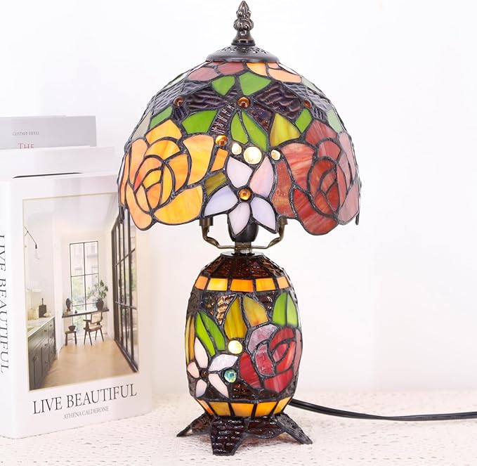 Small Tiffany Lamp Stained Glass Table Lamp Mini Mother Daughter Vase Desk Accent Night Light for Bedroom Bedside Reading Home Antique Style 8X14 Inches (Red Yellow) - Bloomnest