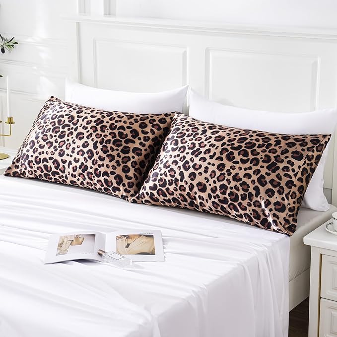 MR&HM Satin Pillowcase for Hair and Skin, Silk Satin Pillowcase 2 Pack, King Size Pillow Cases Set of 2, Silky Pillow Cover with Envelope Closure (20x40, Brown Leopard) - Bloomnest